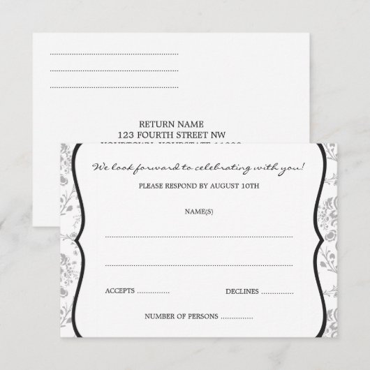 Victoriaans Damask (Black) RSVP- of Responskaarten RSVP Kaartje (Voorkant / Achterkant)
