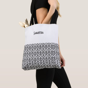  Victoriaans Damask Brocade Black White Name Tote Bag