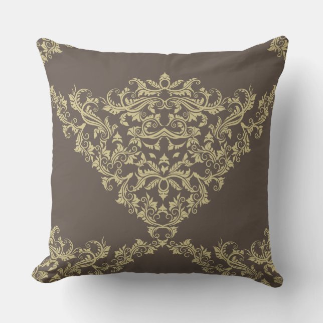 Victoriaans Damask in Beige op bruin Sierkussen (Voorkant)