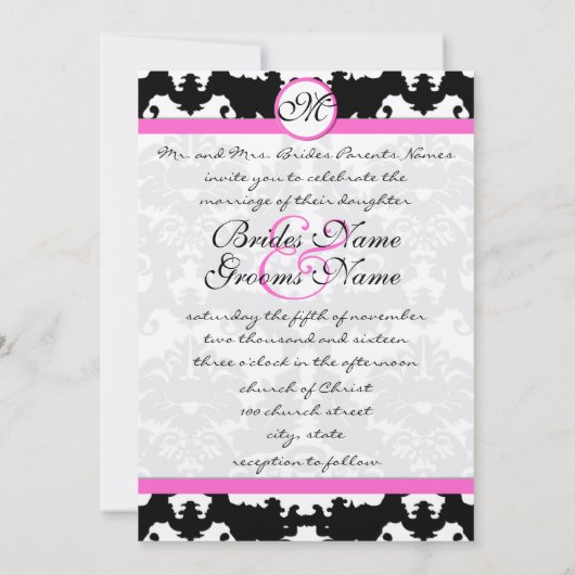 Victoriaans Damask Wedding Pink en Black Monogram Kaart (Achterkant)