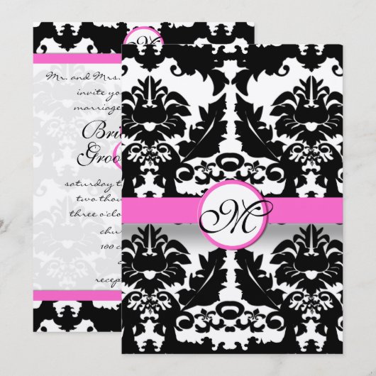 Victoriaans Damask Wedding Pink en Black Monogram Kaart (Voorkant / Achterkant)