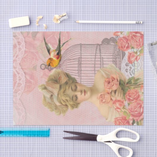  Victoriaans dame en Birdcage. Tissuepapier (Craft)