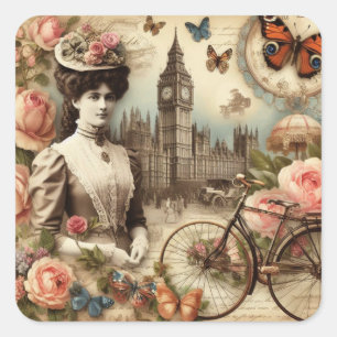  Victoriaans dame en fietscollage Vierkante Sticker
