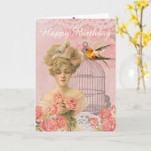  Victoriaans dame en vogelkooi. Birthday. Kaart (Gele Bloem)