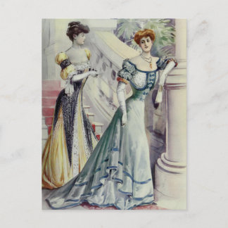 Victoriaans Dame -  Franse Mode-Blauwe Jurk Briefkaart