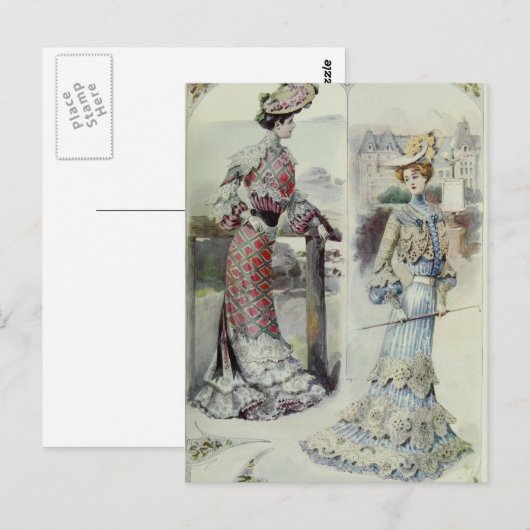 Victoriaans Dame –  Franse Mode- Blauwe Jurk Briefkaart (Voorkant / Achterkant)