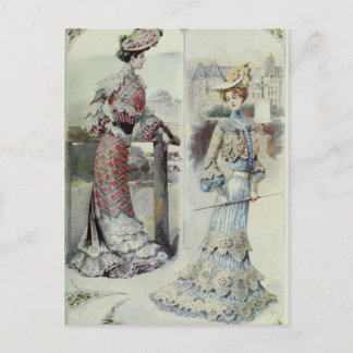 Victoriaans Dame –  Franse Mode- Blauwe Jurk Briefkaart