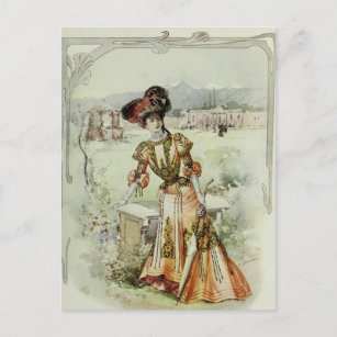 Victoriaans dame- Franse Mode-Oranje dress Briefkaart