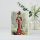 Victoriaans Dame -  Franse Mode - Red Dres Briefkaart (Staand voorkant)