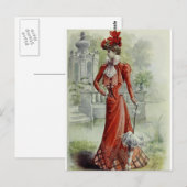 Victoriaans Dame -  Franse Mode - Red Dres Briefkaart (Voorkant / Achterkant)