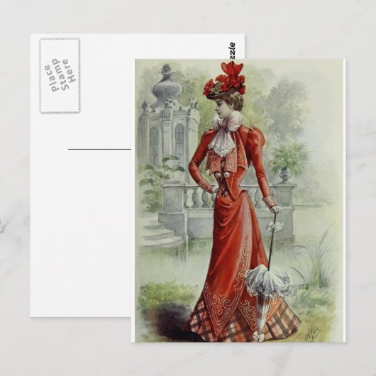 Victoriaans Dame -  Franse Mode - Red Dres Briefkaart (Voorkant / Achterkant)