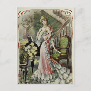 Victoriaans dame -  Franse Mode - Rode dress Briefkaart