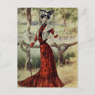 Victoriaans Dame –  Franse Mode – Rode jurk Briefkaart