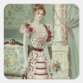 Victoriaans dame- Franse Mode -Roze jurk Vierkante Sticker