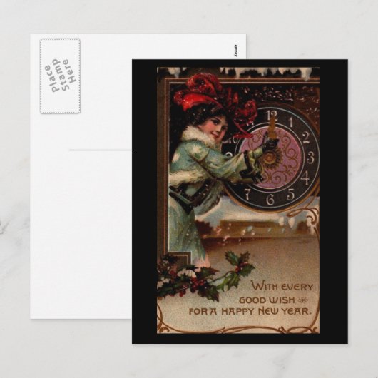  Victoriaans Dame Gelukkig Nieuwjaar Briefkaart (Voorkant / Achterkant)