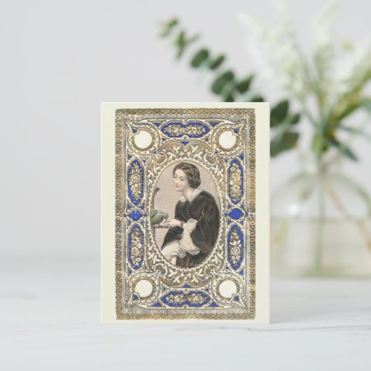 Victoriaans dame, haar vogel voeden,  stijl briefkaart (Staand voorkant)