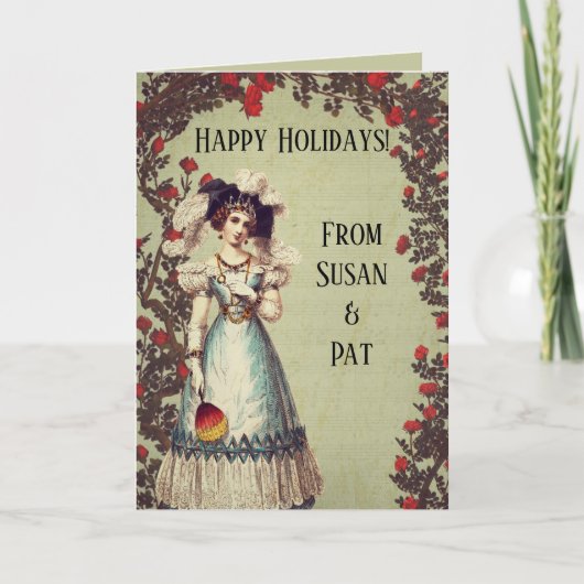 Victoriaans dame in de Rode Rozentuin met ventilat Feestdagen Kaart (Voorkant)