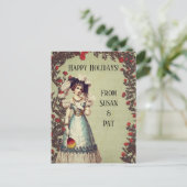 Victoriaans dame in de Rode Rozentuin met ventilat Feestdagenkaart (Staand voorkant)