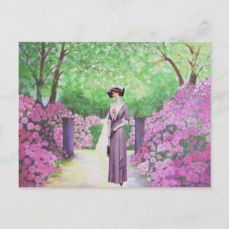 Victoriaans dame in een Rhododendron Garden. Briefkaart