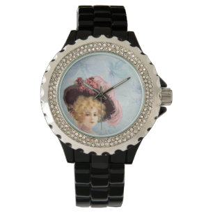 Victoriaans dame in Pet Rhinestone Black Enamel Horloge