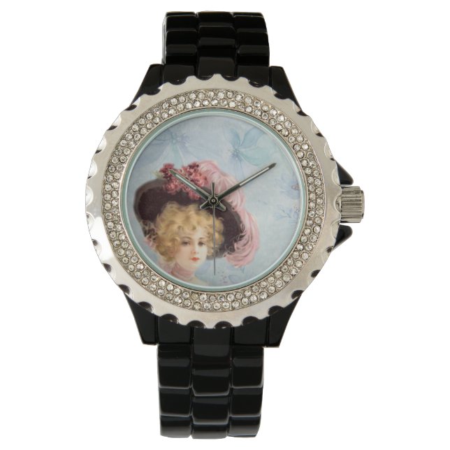 Victoriaans dame in Pet Rhinestone Black Enamel Horloge (Voorkant)
