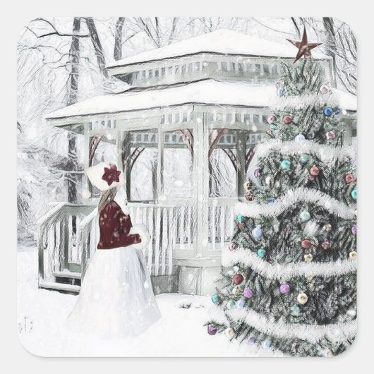  Victoriaans dame in winterparktekening Vierkante Sticker (Voorkant)