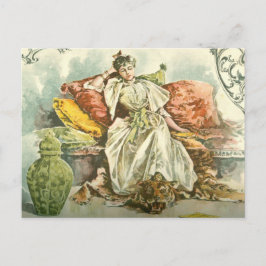 Victoriaans dame met boek uit een tijdschrift uit  briefkaart