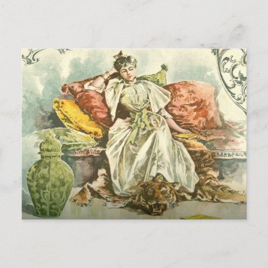 Victoriaans dame met boek uit een tijdschrift uit briefkaart (Voorkant)