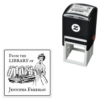 Victoriaans dame met boeken Ex Libris Zelfinktende Stempel