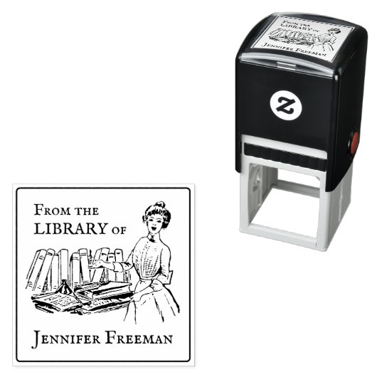 Victoriaans dame met boeken Ex Libris Zelfinktende Stempel (In situ)