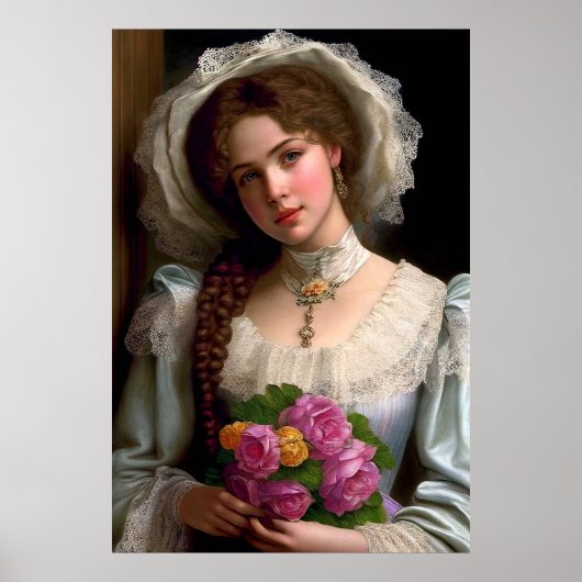  Victoriaans dame met boeket van Rozen Poster (Voorkant)