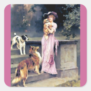 Victoriaans dame met hondenhuisdieren vierkante sticker