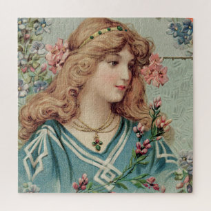 Victoriaans dame met roze bloemen in haar haar haa legpuzzel