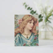 Victoriaans dame met roze en blauwe bloemen in haa briefkaart (Staand voorkant)