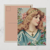 Victoriaans dame met roze en blauwe bloemen in haa briefkaart (Voorkant / Achterkant)