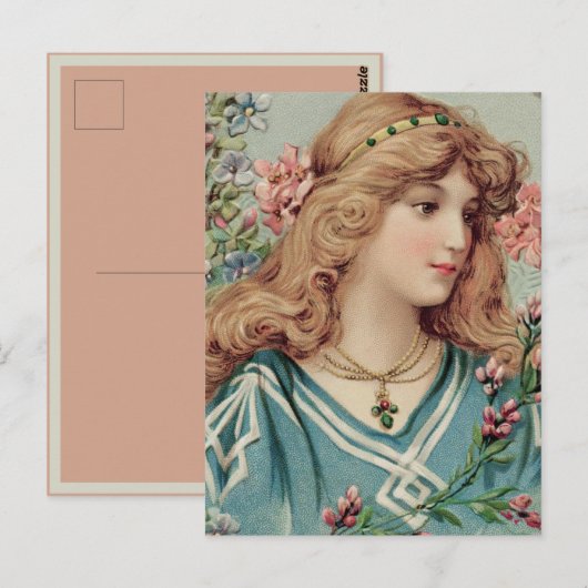 Victoriaans dame met roze en blauwe bloemen in haa briefkaart (Voorkant / Achterkant)