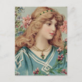 Victoriaans dame met roze en blauwe bloemen in haa briefkaart (Voorkant)