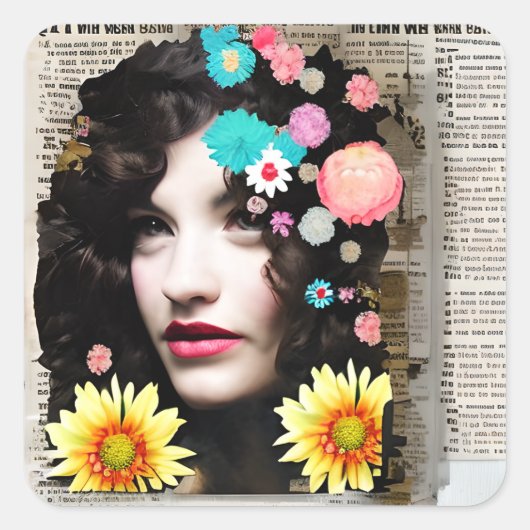  Victoriaans  Dame Paper Collage Art Vierkante Sticker (Voorkant)