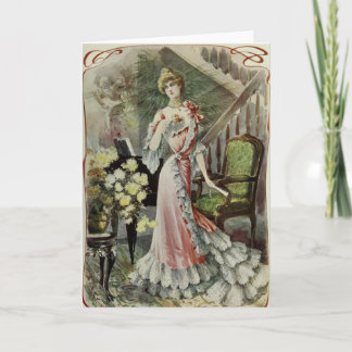 Victoriaans Dame - Vintage Franse Mode - Rode Feestdagen Kaart