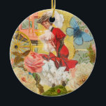 Victoriaans dame vrouw plezier vervoer keramisch ornament<br><div class="desc">Een mooie Victoriaans vrouw met een wachtende koets, met bloemen en een vlinder - deze grillige en prachtige sprookjescollage heeft met bloemen, een vlinder, een ouderwetse koets en veel prachtige kleur!</div>