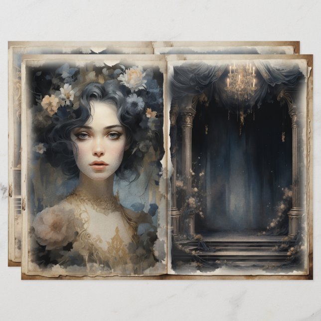 Victoriaans Dames Balkon Blauw Junk Journal Pages (Voorkant / Achterkant)