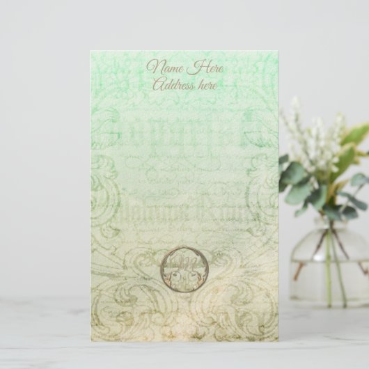 Victoriaans damesscript goudgroen elegant briefpapier (Staand voorkant)