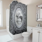 Victoriaans damesspiegel grijze douchegordijn herm (In situ)