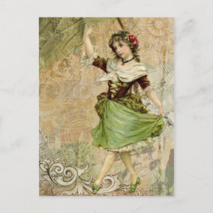 Victoriaans Dansend Girl Green Red Rose Briefkaart