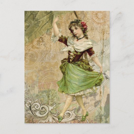 Victoriaans Dansend Girl Green Red Rose Briefkaart (Voorkant)