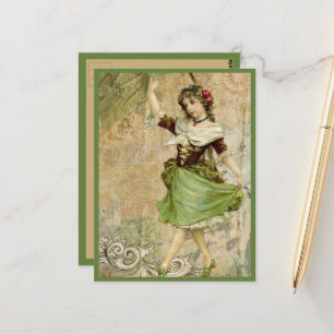 Victoriaans Dansende Girl Green Red Rose Briefkaart