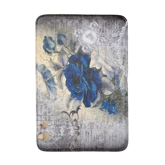 Victoriaans donkerblauw Roos Ephemera Badmat (Voorkant Verticaal)
