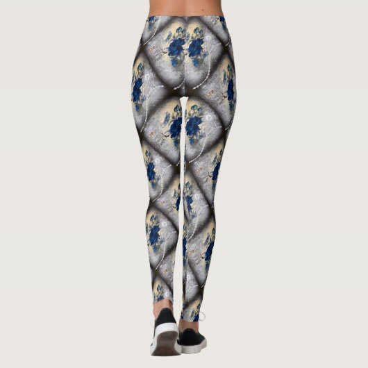 Victoriaans Donkerblauw Roos Ephemera Pattern Leggings (Achterkant)