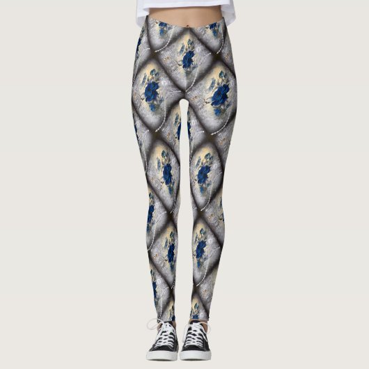 Victoriaans Donkerblauw Roos Ephemera Pattern Leggings (Voorkant)