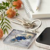 Victoriaans donkerblauw Roos Ephemera Sleutelhanger (Voorkant Rechts)